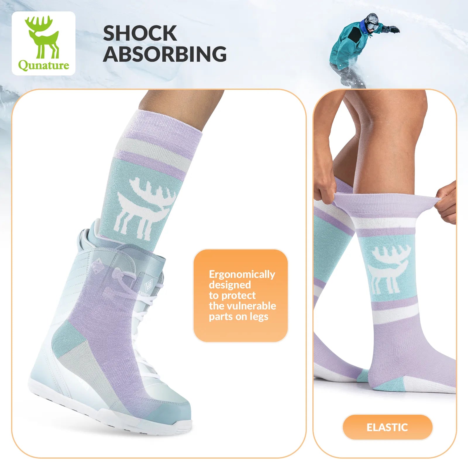 Qunature Global wool ski socks designed for winter warmth and shock absorption, providing comfort during skiing activities.