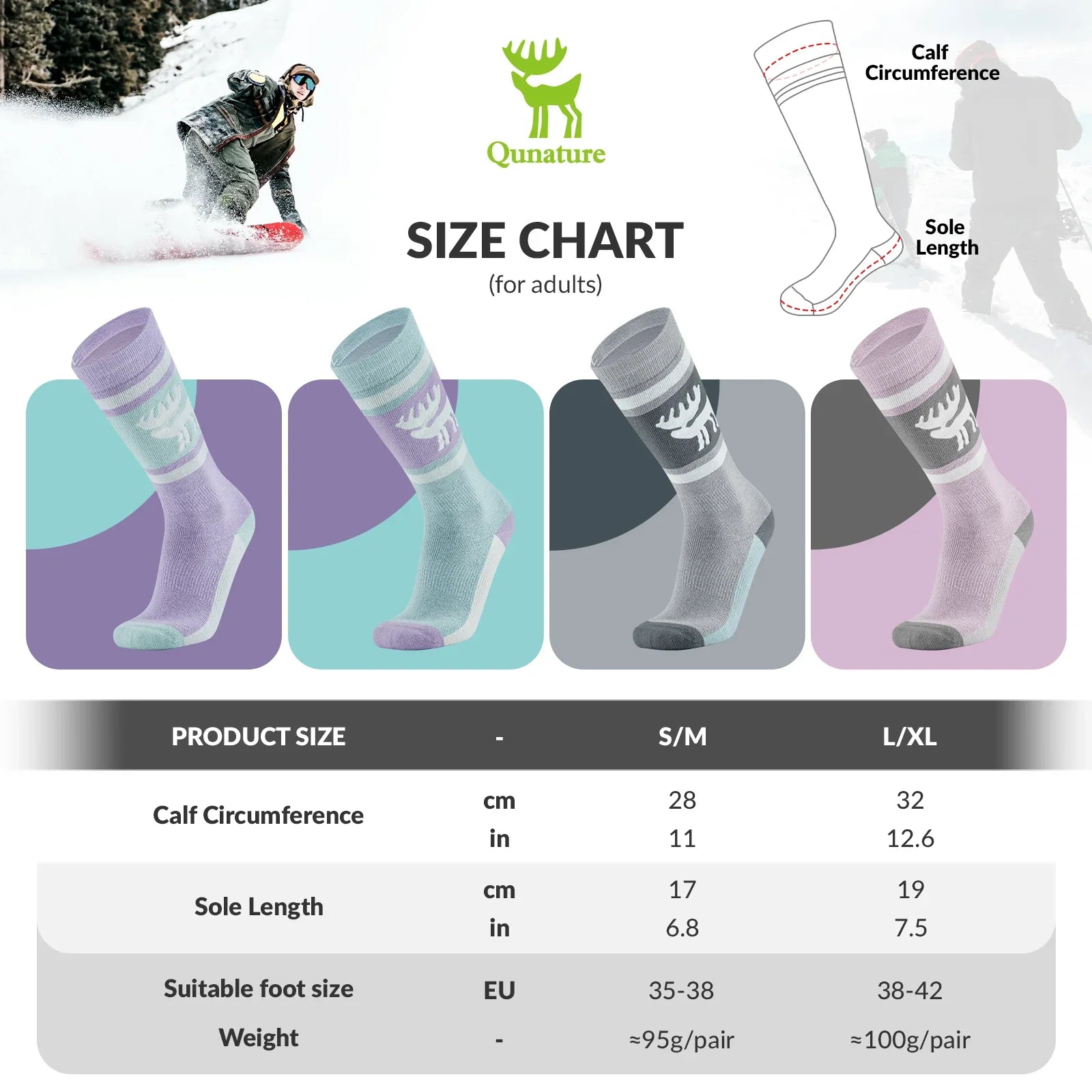 Qunature Global wool ski socks for winter warmth and shock absorption, designed for skiing comfort and insulation.