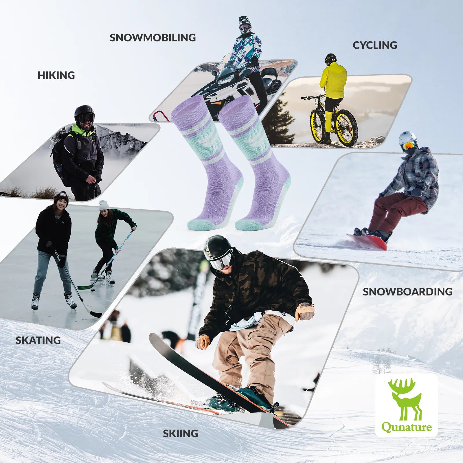 Qunature Global wool ski socks with winter warmth and shock absorption for comfortable skiing in cold weather.