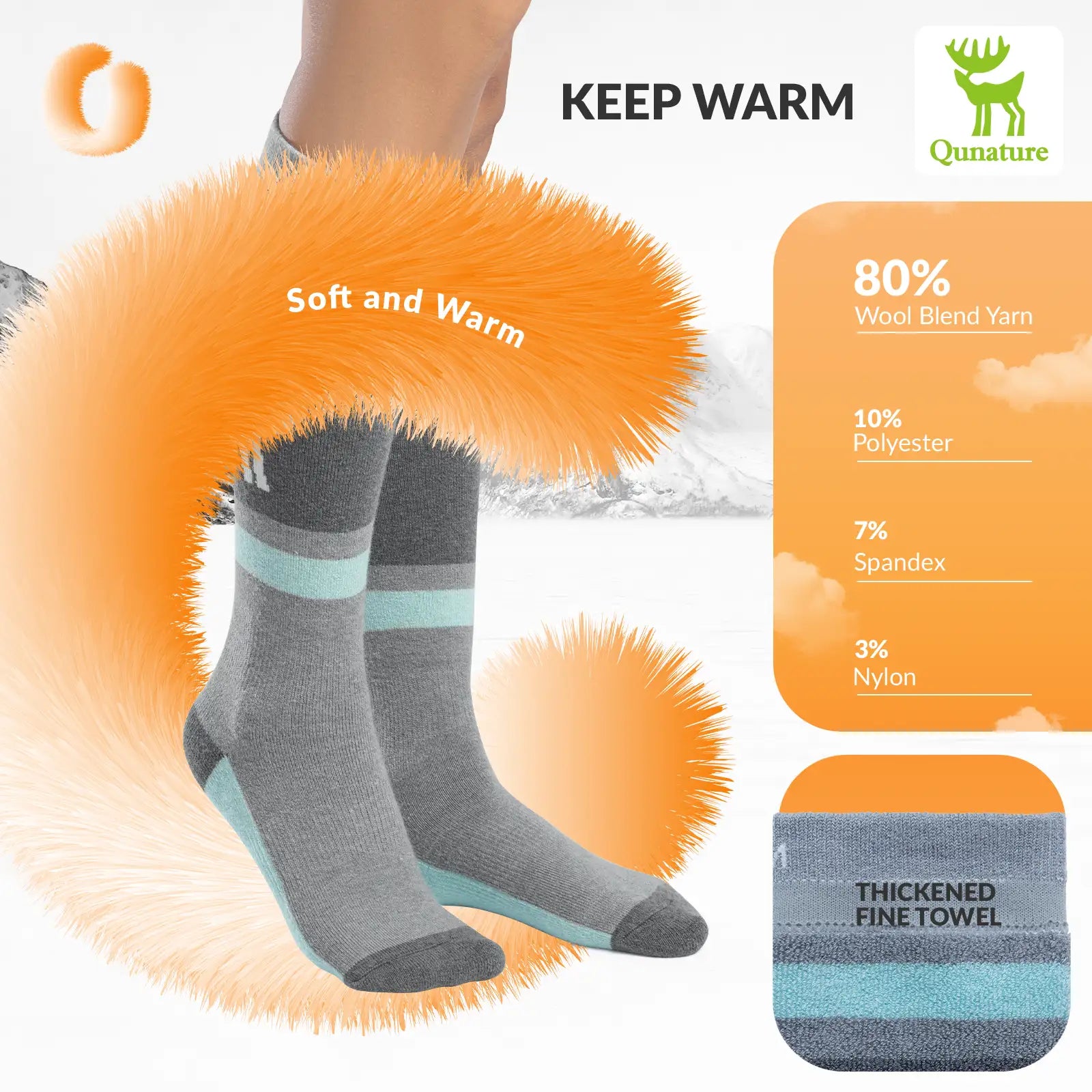 Qunature Global wool ski socks for winter warmth and shock absorption, designed for comfortable skiing and cold weather wear.