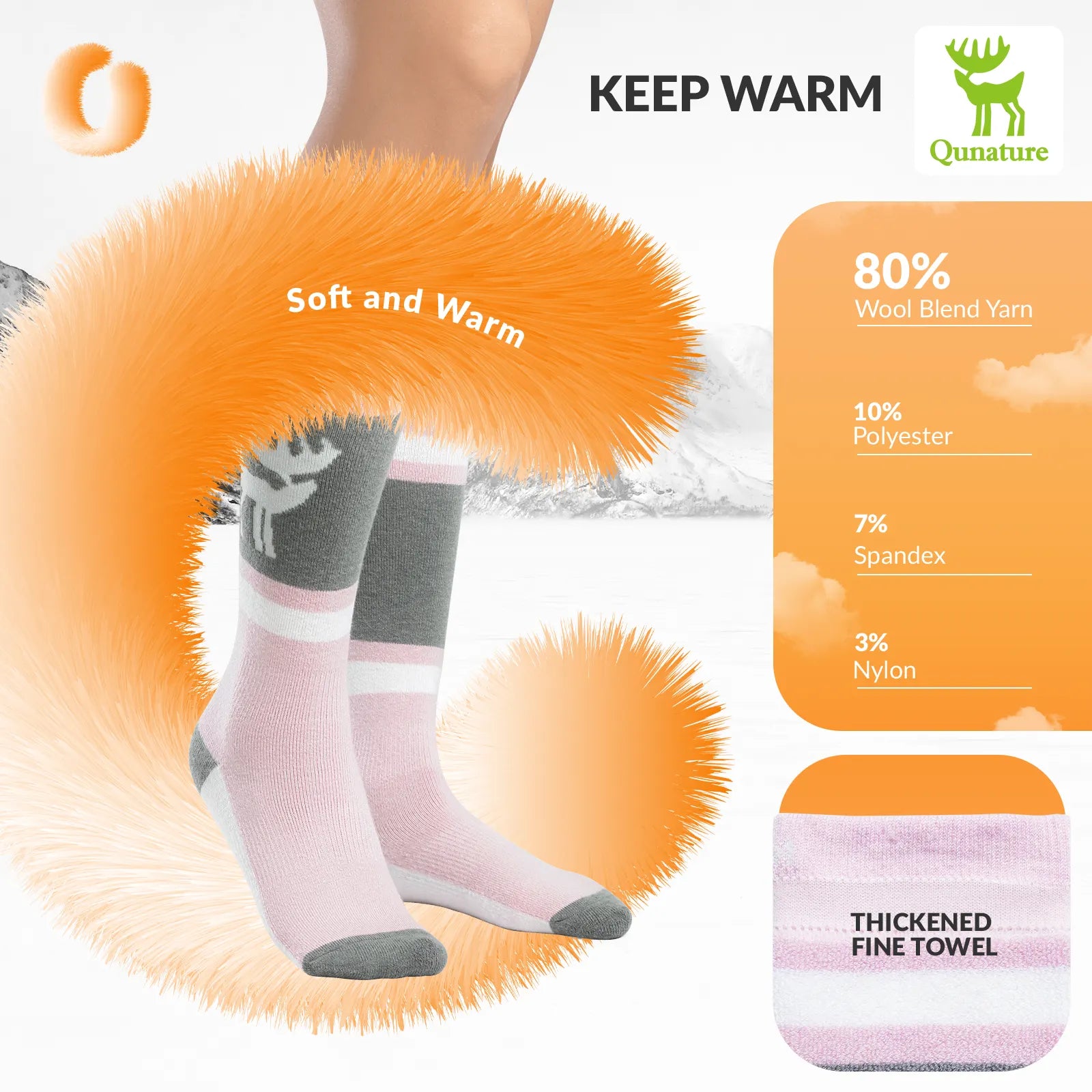 Qunature Global wool ski socks designed for winter warmth and shock absorption, ideal for skiing comfort and cold weather activities.