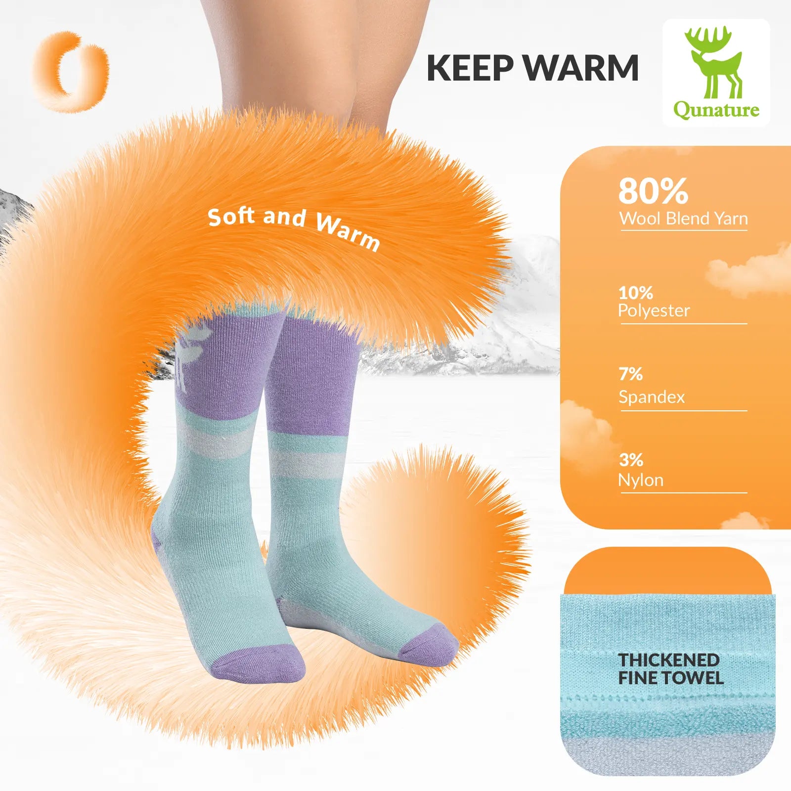 Qunature Global wool ski socks designed for winter warmth and shock absorption, ideal for skiing comfort and outdoor winter activities.