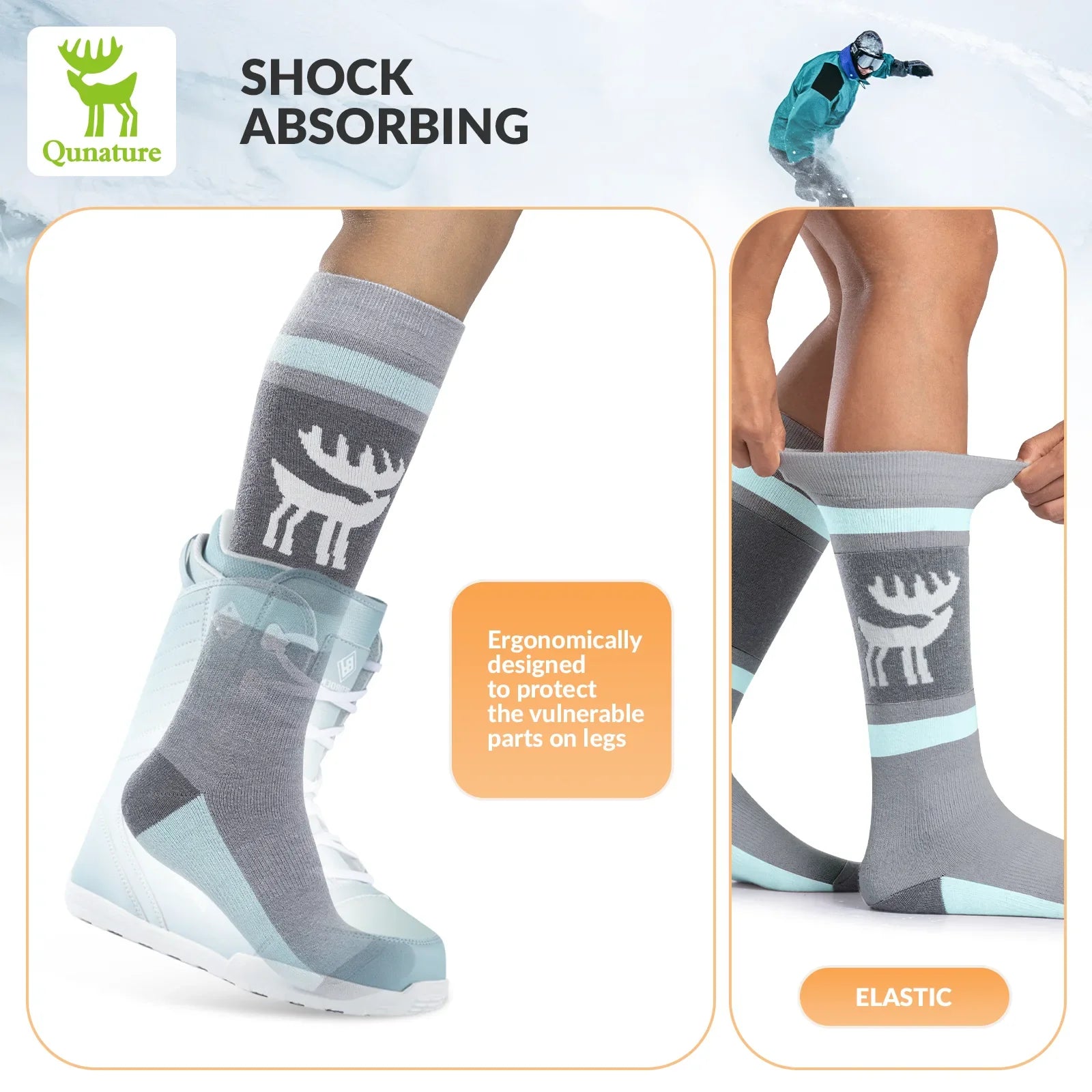 Qunature Global wool ski socks designed for winter warmth and shock absorption, ideal for skiing comfort.
