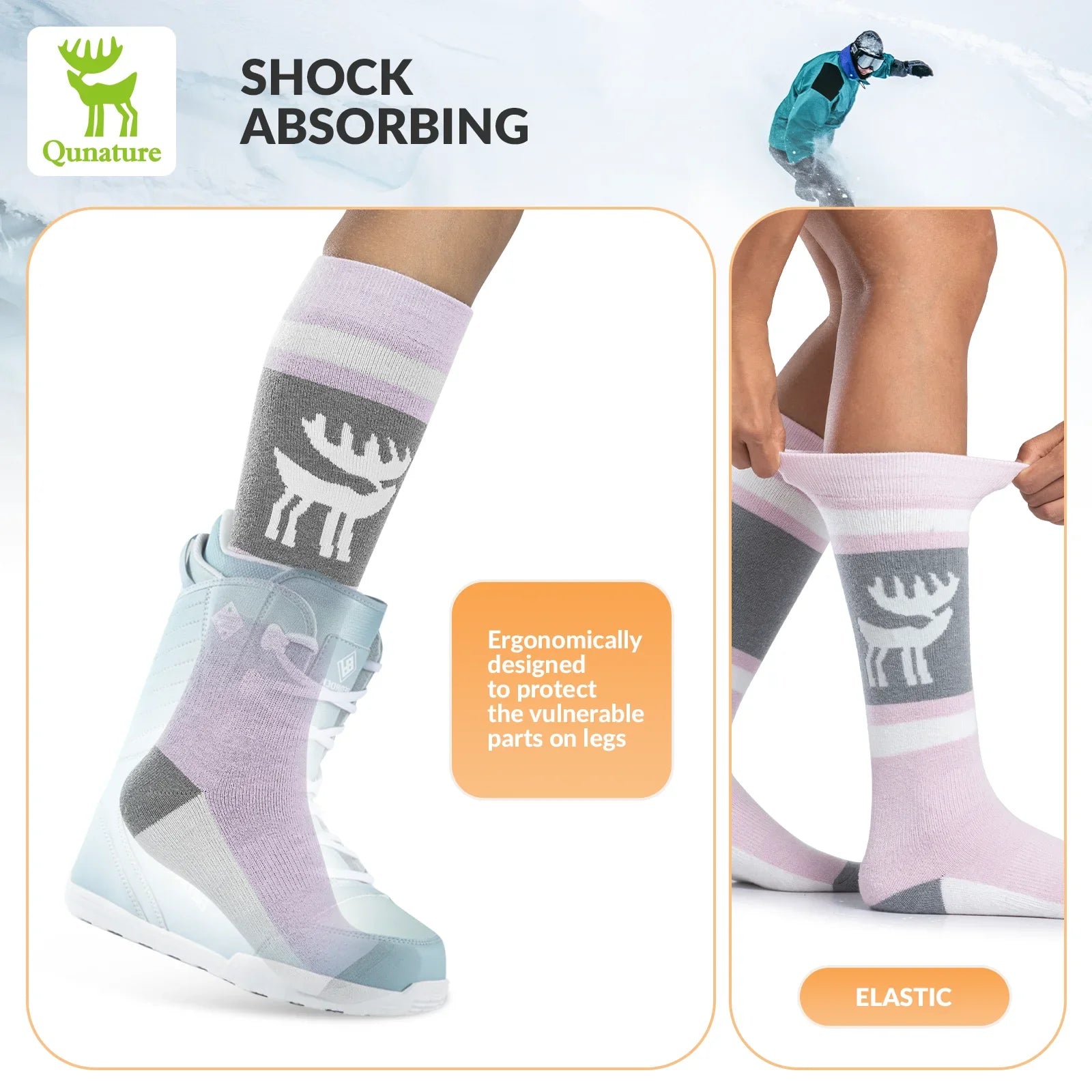 Qunature Global wool ski socks designed for winter warmth and shock absorption, providing comfort during skiing activities.