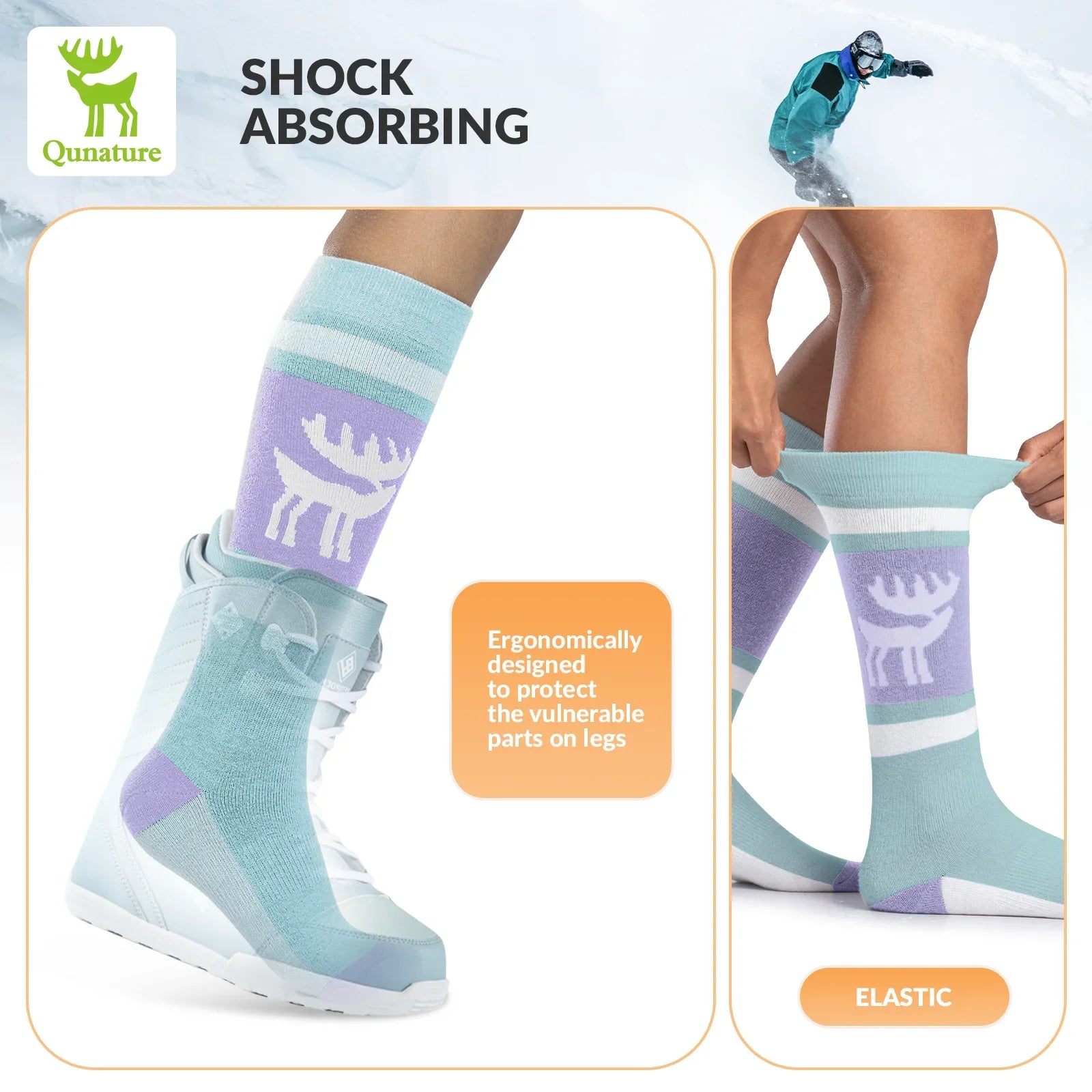Qunature Global wool ski socks designed for winter warmth, shock absorption, and comfort during skiing activities.