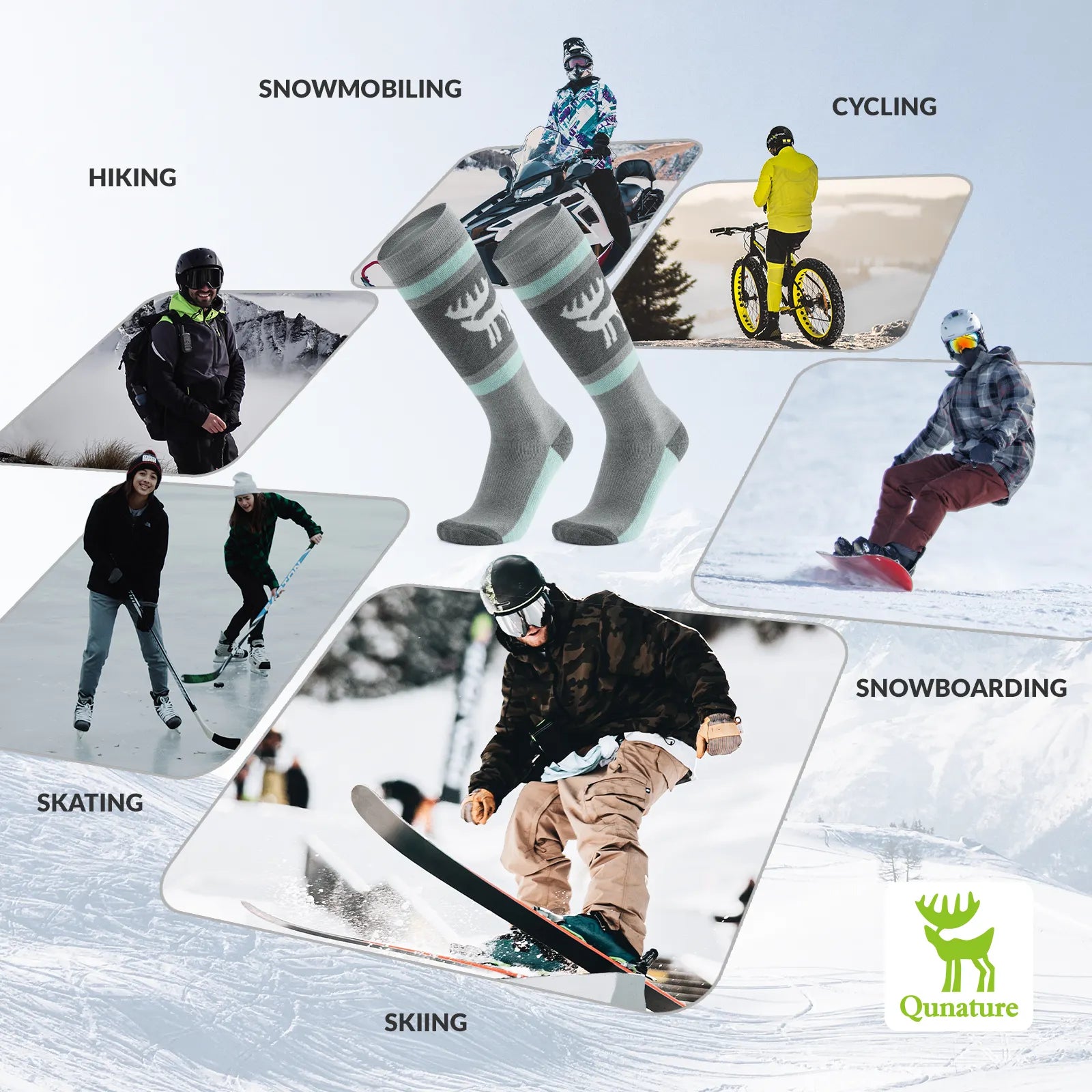 Qunature Global wool ski socks designed for winter warmth and shock absorption, ideal for comfortable skiing.