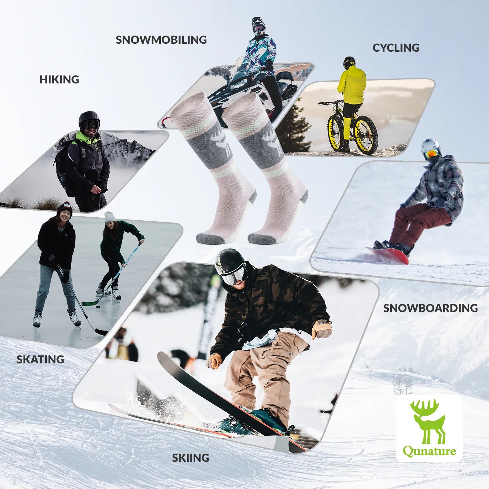 Qunature Global wool ski socks designed for winter warmth and shock absorption, ideal for comfortable skiing.