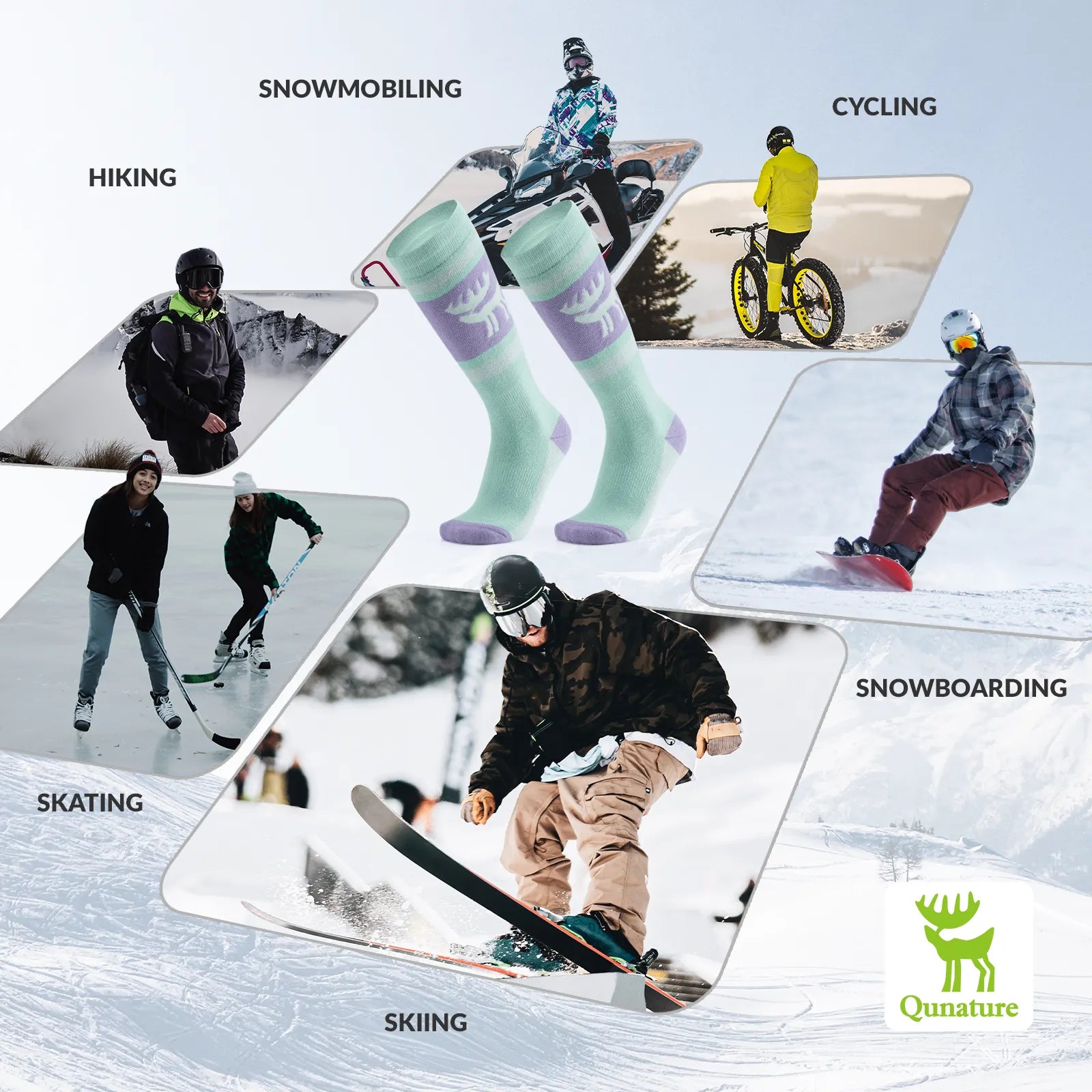 Qunature Global wool ski socks with winter warmth and shock absorption, designed for comfortable skiing performance.