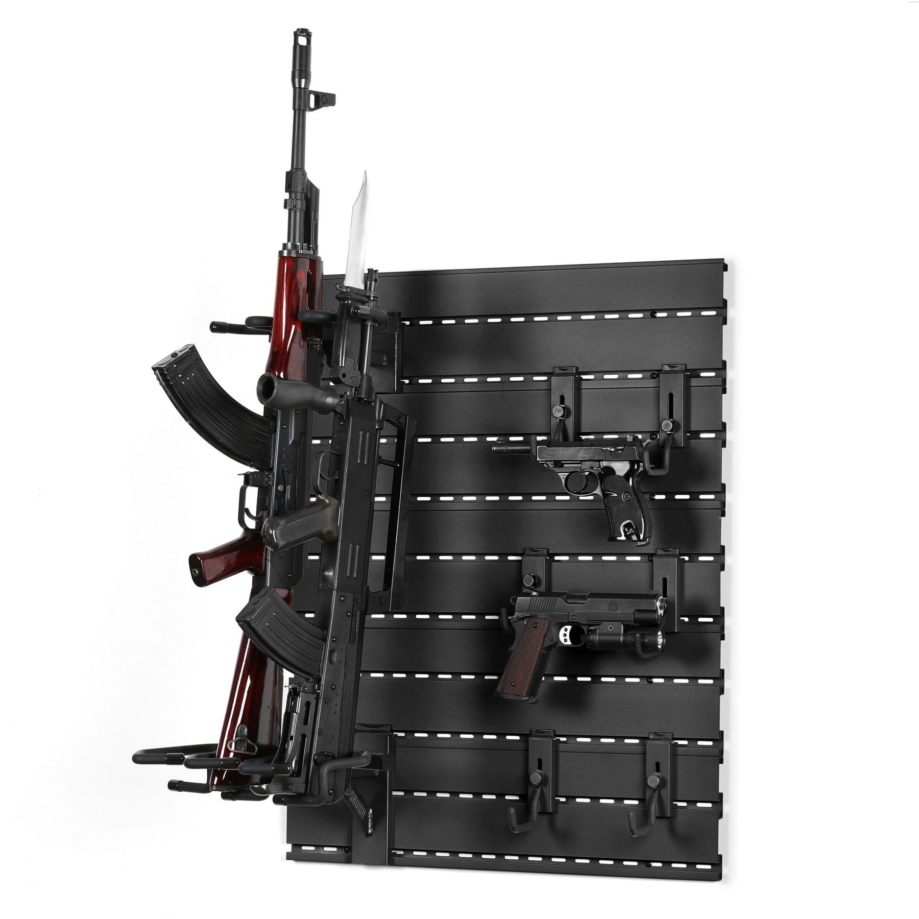 SFT2 Tactical black wall rack system featuring 5 panels and attachments for versatile storage solutions.