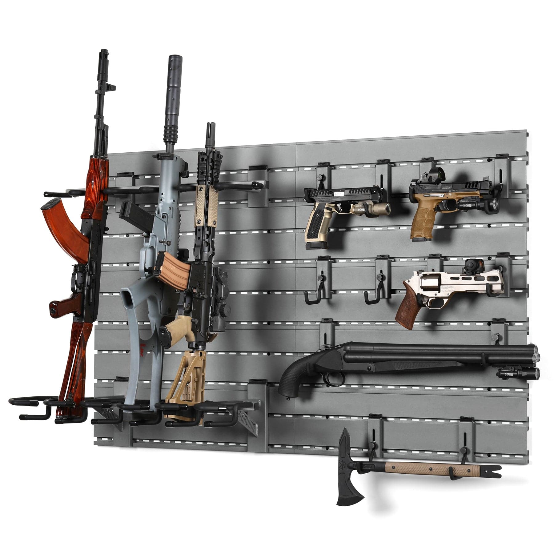 SFT2 Tactical rifle wall rack system displaying rifles securely mounted on a wall in a neatly organized setup.