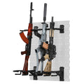 SFT2 Tactical rifle wall rack system displaying multiple rifles securely mounted on a wall.