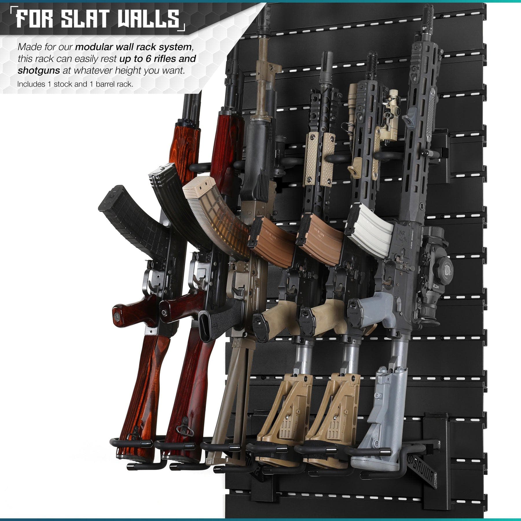 SFT2 Tactical rifle wall rack system securely holds rifles with a sleek design for organized storage on walls.