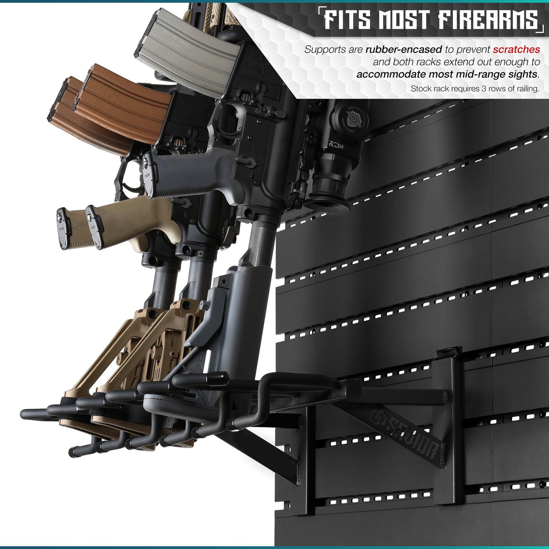 SFT2 Tactical Rifle Wall Rack System displaying a sturdy wall-mounted design for firearm storage and organization.