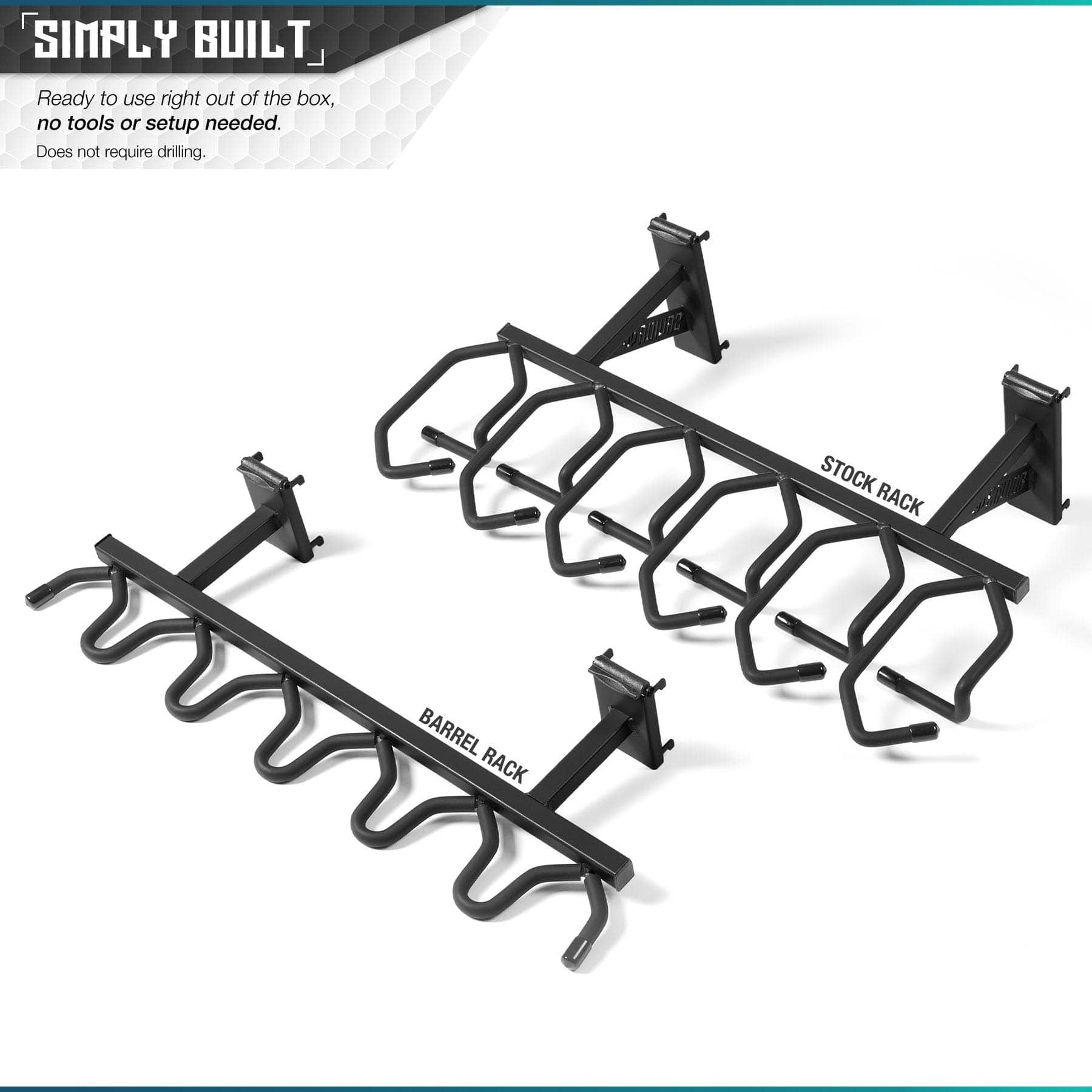 SFT2 Tactical Rifle Wall Rack System displaying organized rifles on a sturdy wall-mounted rack.