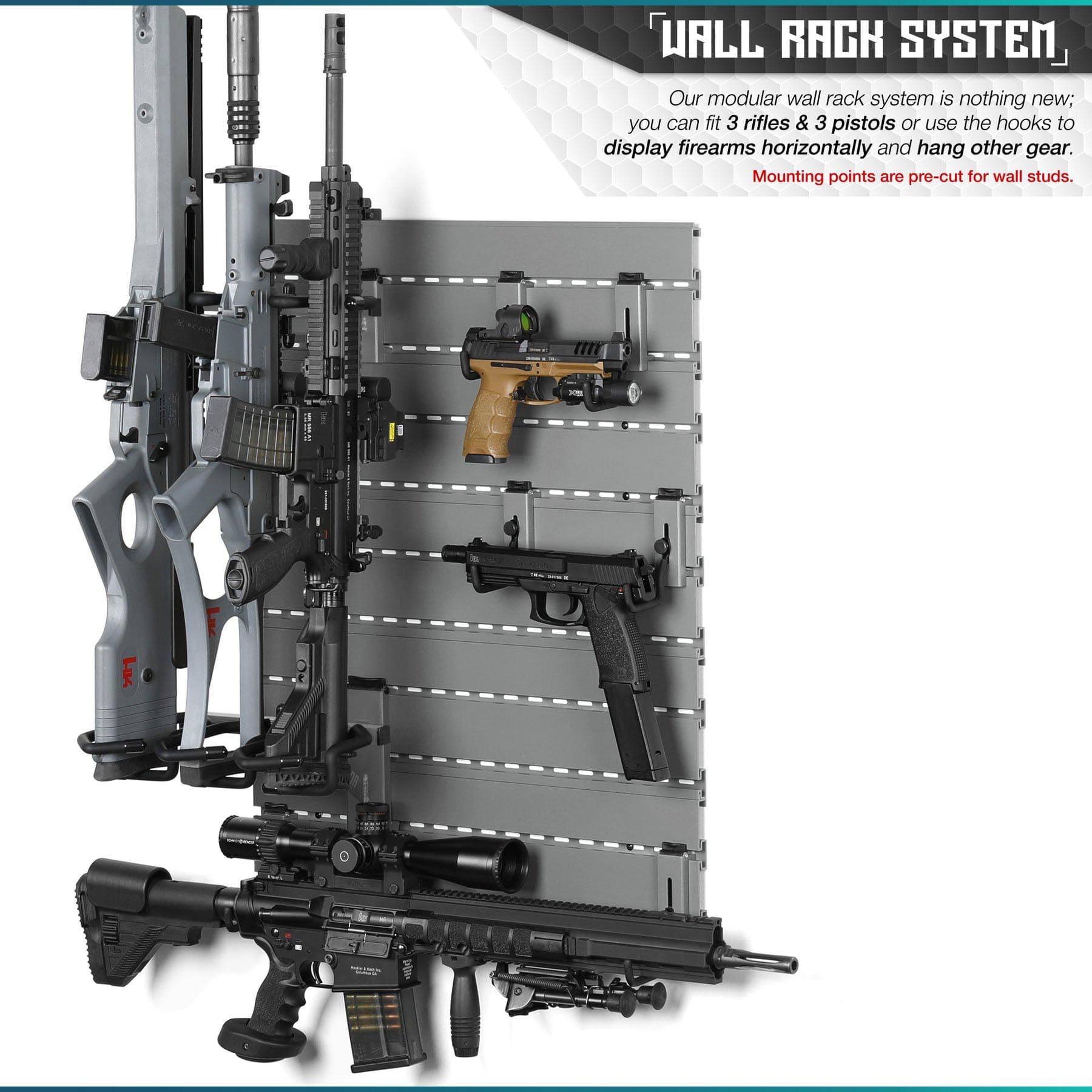 SFT2 Tactical wall rack system featuring five panels and various attachments for organized storage and display.