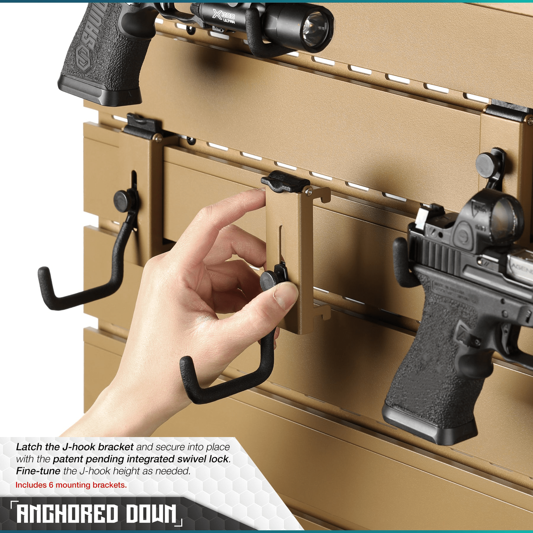 SFT2 Tactical wall rack system featuring five panels and various attachments for versatile storage solutions.