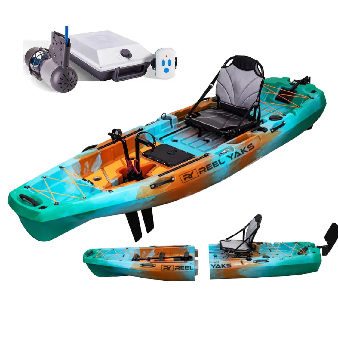 ReelYaks 10ft Radar Modular Pedal Drive Fishing Kayak with Bixpy trolling motor bundle on calm water, featuring spacious deck and fishing accessories.