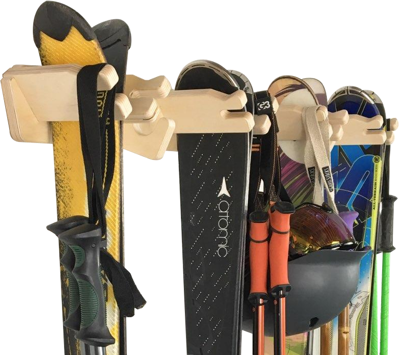 Multi-ski wall rack by Rado Racks for organizing skis and snowboards, mounted on a wall with multiple slots.