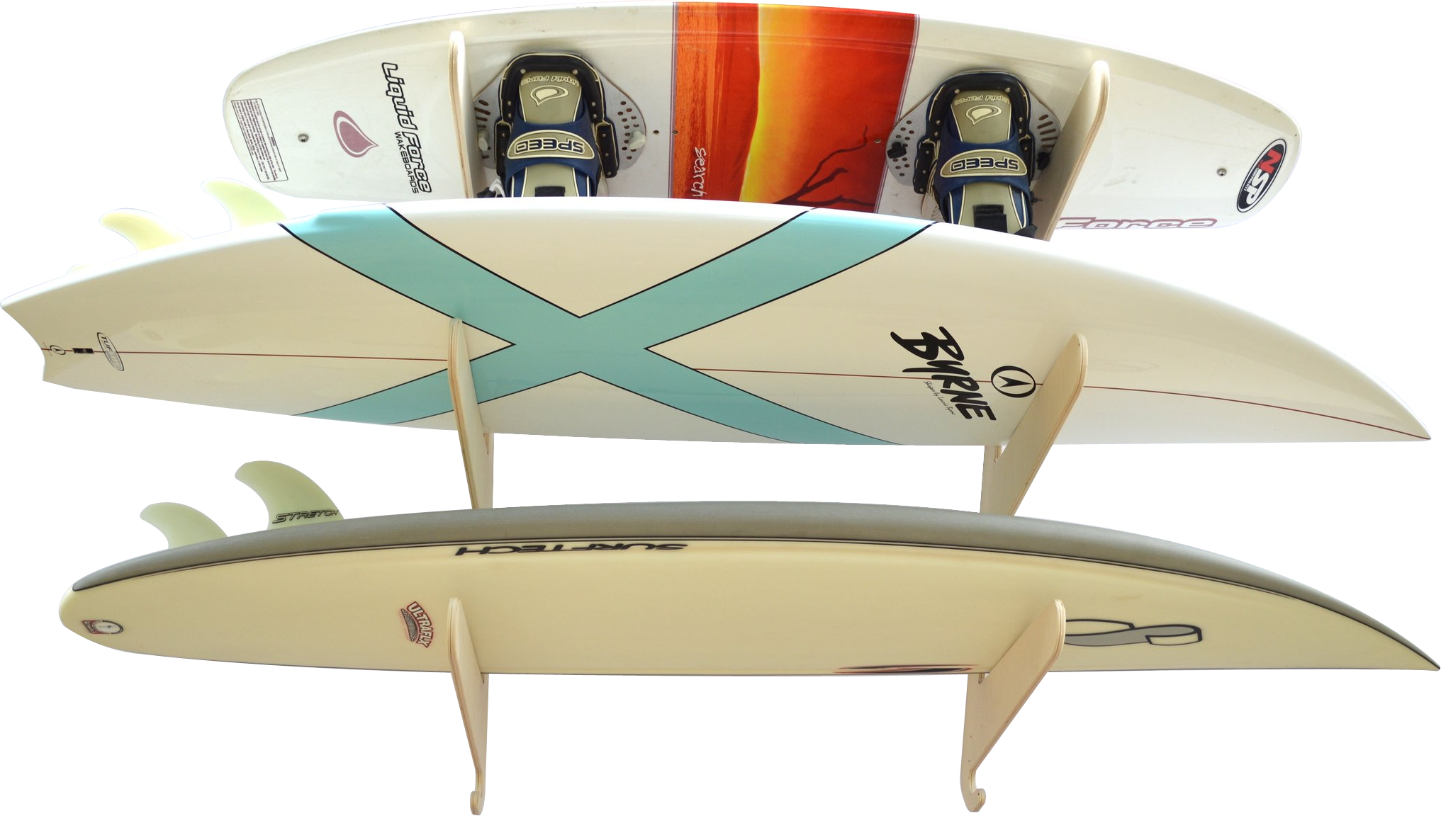 Rado Racks THE EXHIBITOR surfboard wall rack holding multiple colorful surfboards for easy wall storage