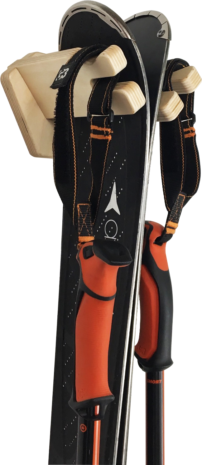 Rado Racks THE JIB ski wall rack showcasing a sleek design holding skis on a wall for efficient storage.