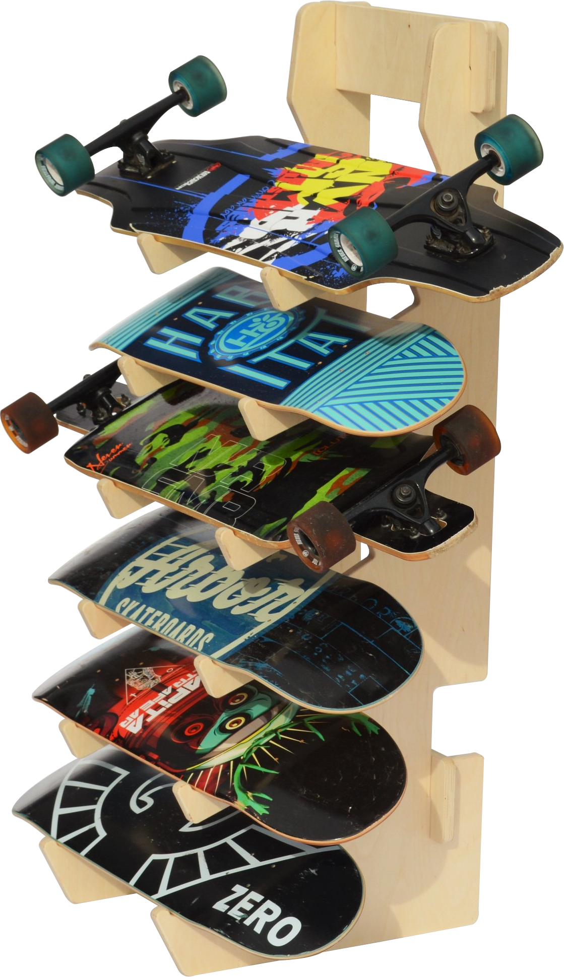 Rado Racks skateboard floor rack displaying multiple skateboards organized on a sturdy metal rack system.