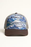 FisheWear Rainbow Ridge abstract trucker hat with colorful geometric design, adjustable mesh back, and curved brim.