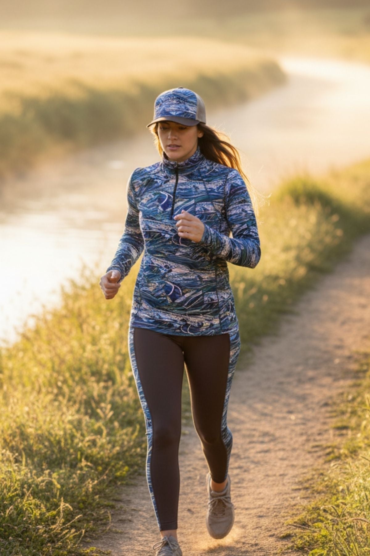 Colorful Rainbow Ridge abstract trucker hat by FisheWear with a vibrant, artistic design and mesh back for casual style.