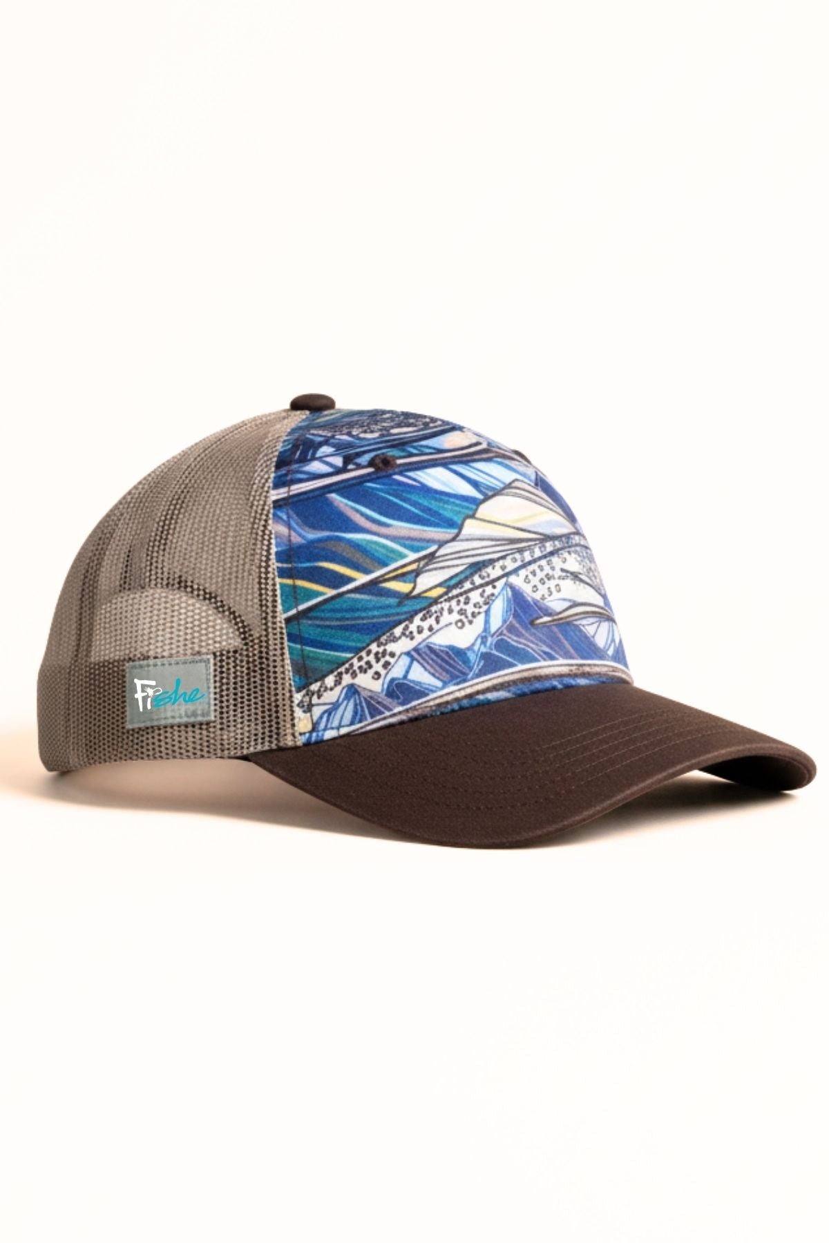 FisheWear Rainbow Ridge Abstract Trucker Hat featuring colorful, geometric pattern on adjustable hat for casual wear.