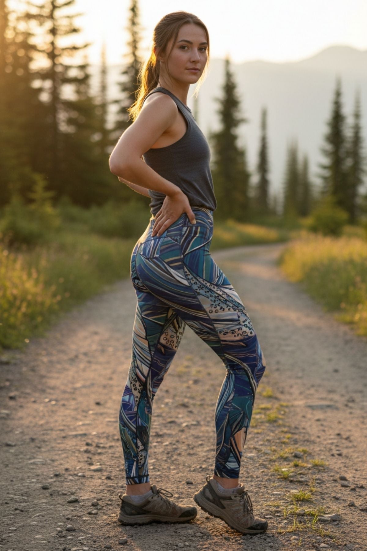 FisheWear Rainbow Ridge high-waisted leggings with vibrant rainbow pattern and comfortable fit, shown on a model.