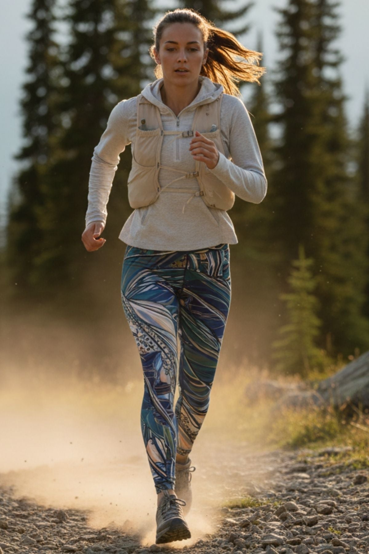 Colorful rainbow ridge pattern high-waisted leggings from FisheWear, shown laid flat with elastic waistband and vibrant design.
