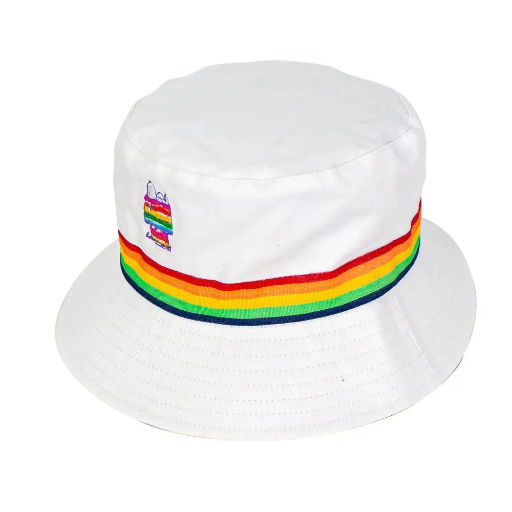 Peter Grimm Peanuts Rainbow House cotton bucket hat featuring colorful rainbow house design, perfect for sun protection and casual wear.