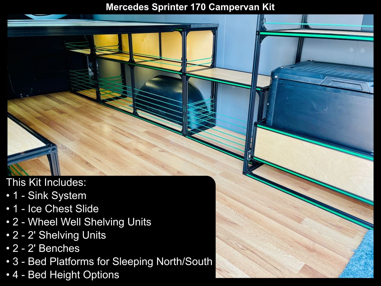 DIY camper van conversion kit for Mercedes Sprinter 170 from TNTvans, includes bed and kitchen components for campervan setup.