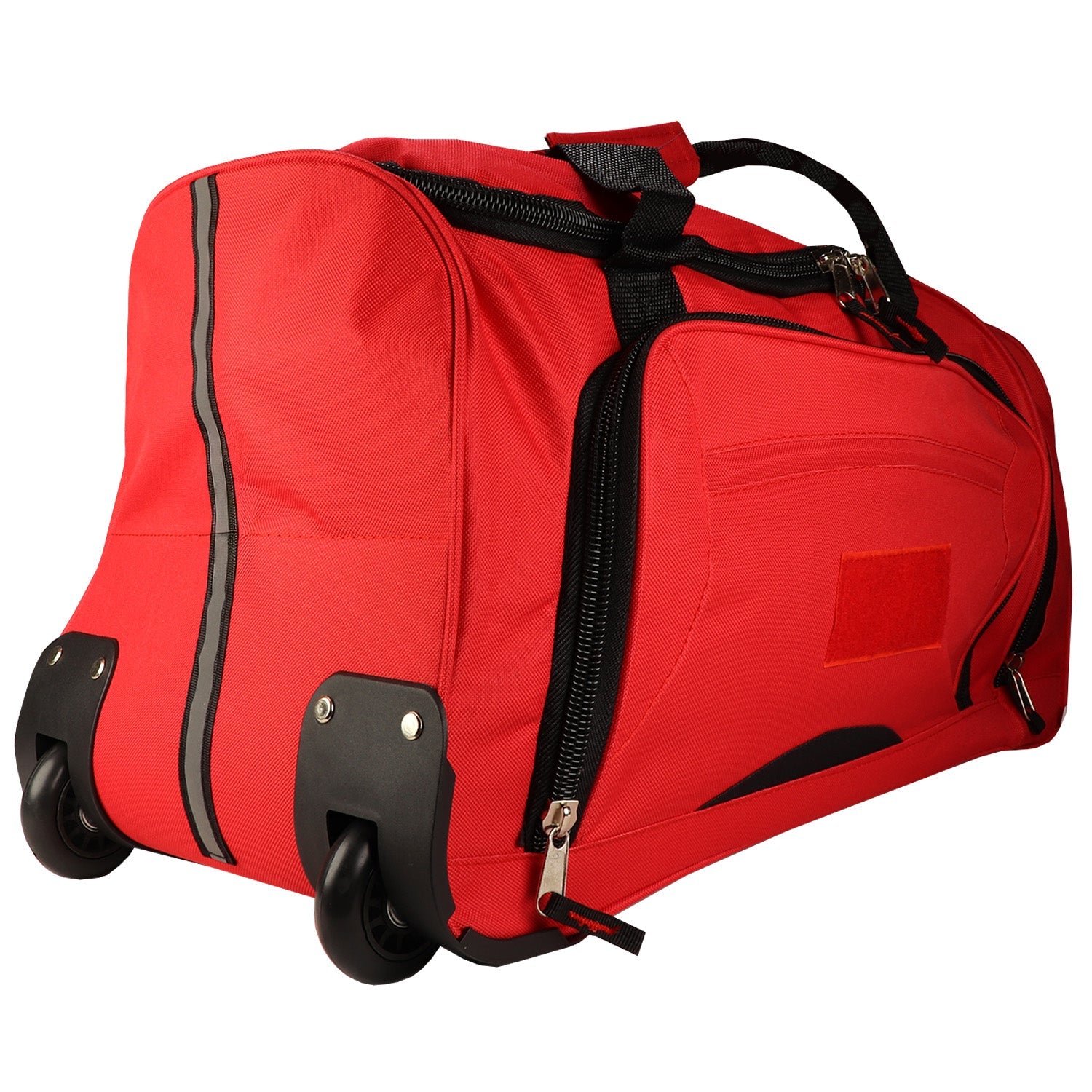 Red rolling duffel bag from quakekits.com featuring durable 600D fabric, wheels, and telescoping handle for easy travel.
