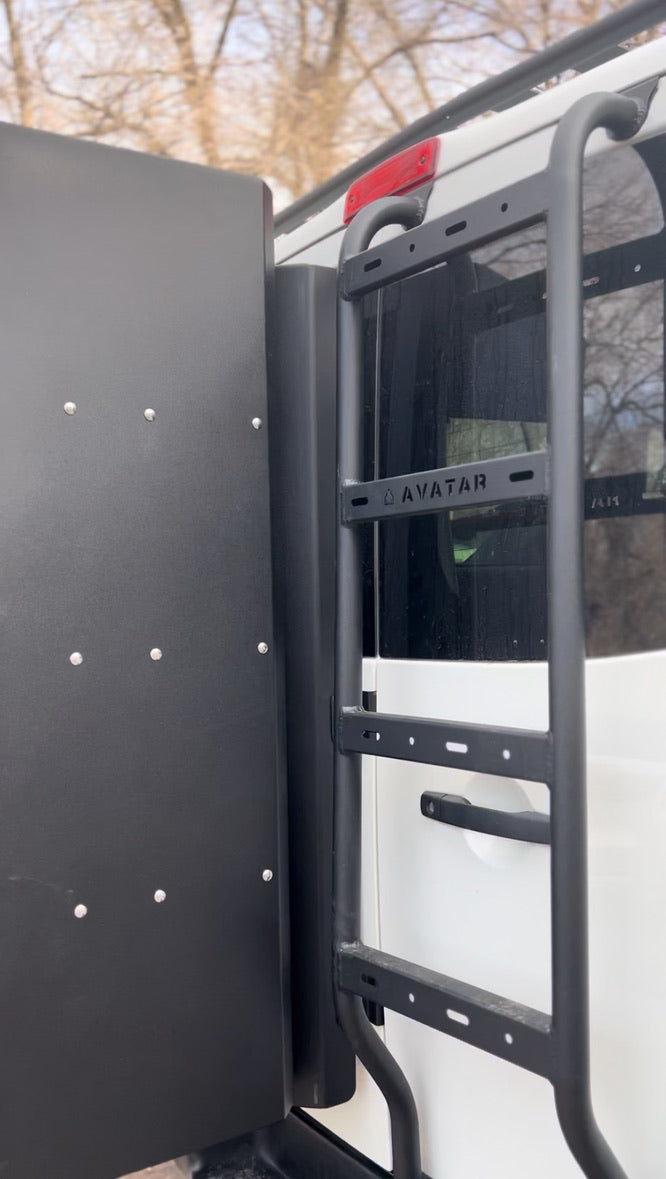 Avatar Offroad NV3500 rear ladder mounted on a van, showcasing sturdy design and convenient access for storage.