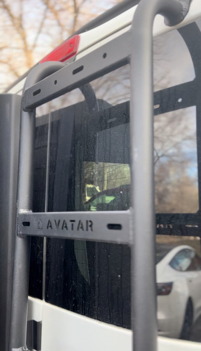 NV3500 rear ladder by Avatar Offroad, showcasing robust design and sturdy construction for easy access to the vehicle roof.