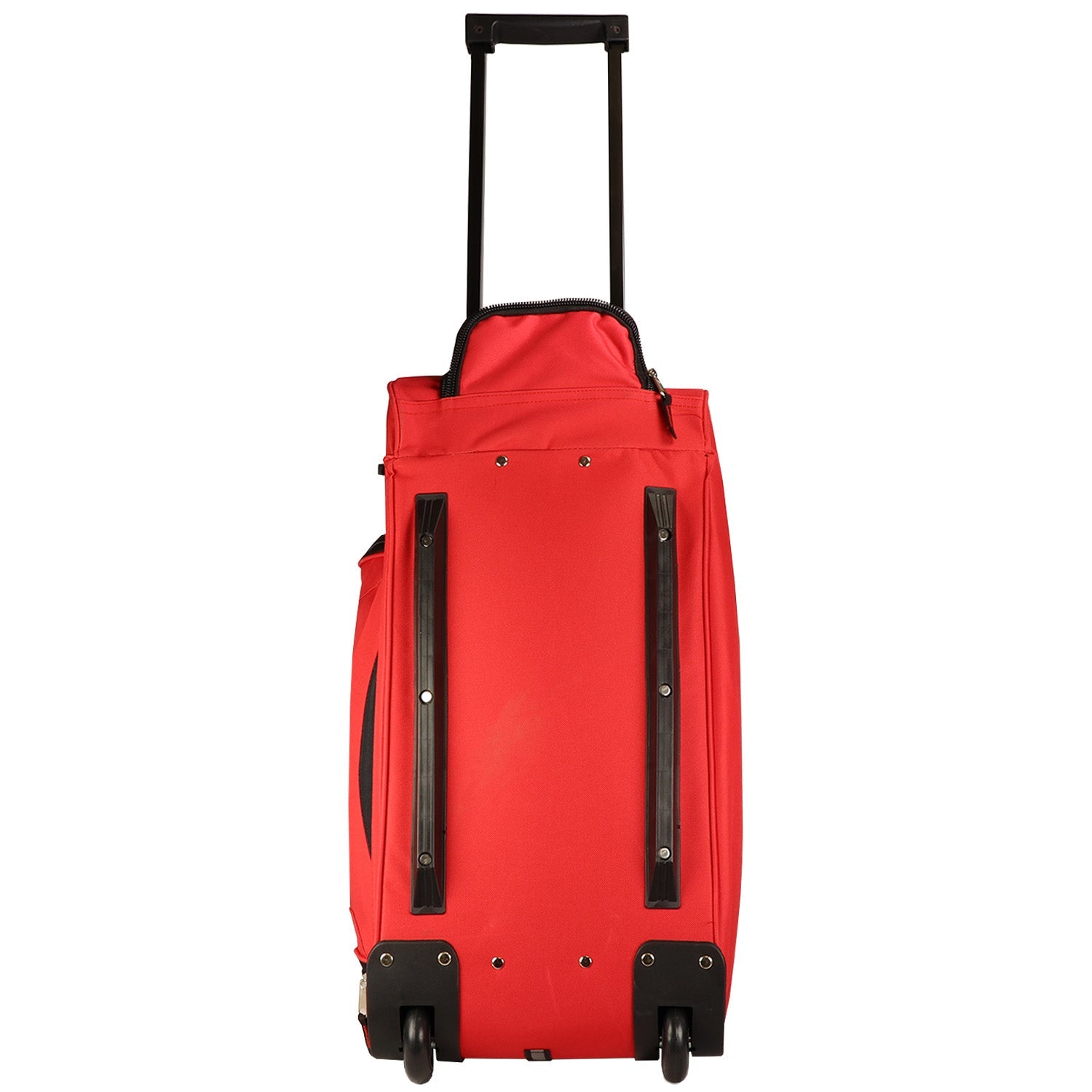 Red rolling duffel bag with wheels and telescoping handle, durable 600D fabric for travel and gear storage.