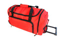 Red rolling duffel bag with durable 600D fabric, wheeled design, and telescoping handle for easy travel from quakekits.com