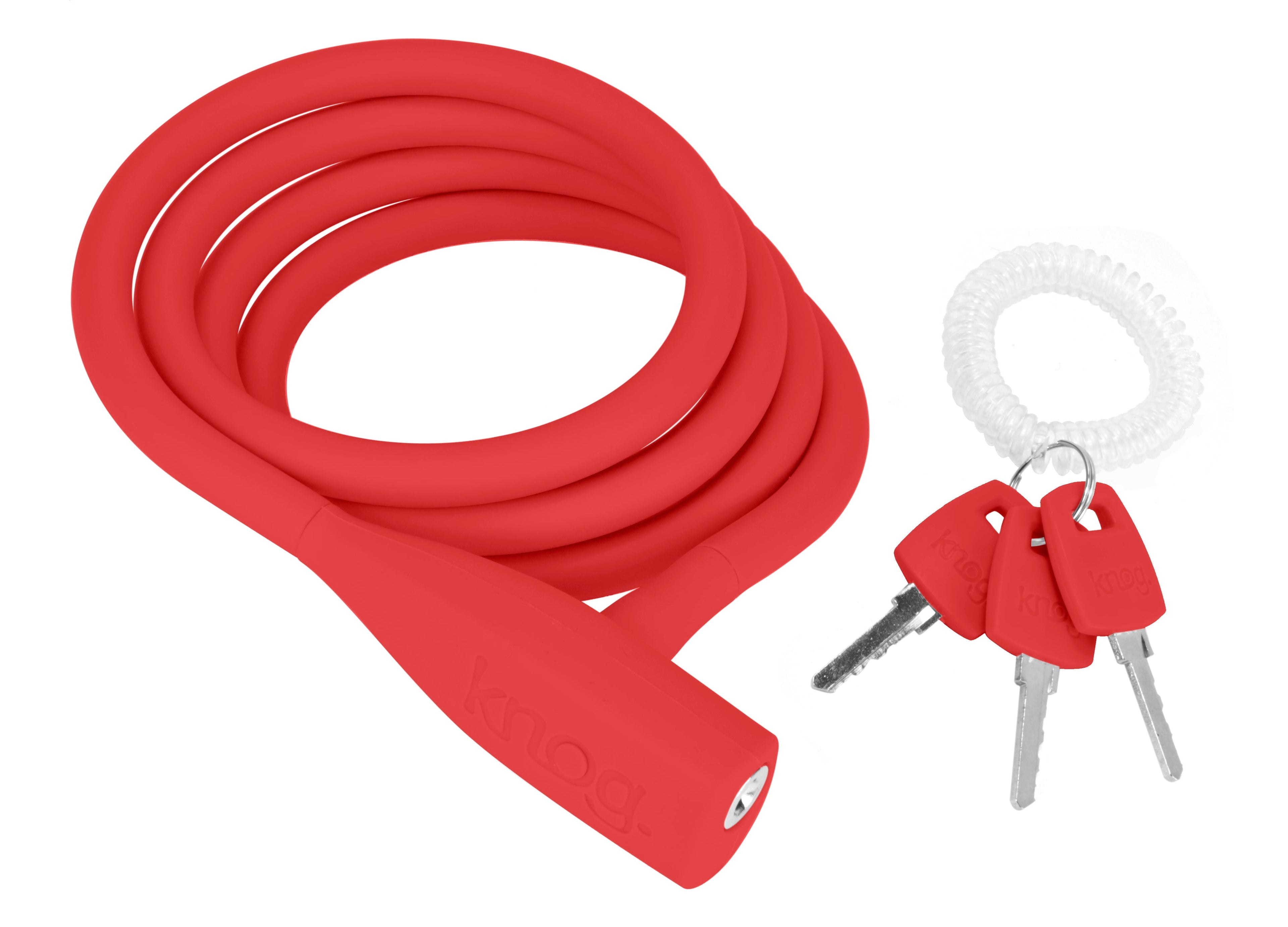 Red Knog Party Coil cable lock by ZEITBIKE, featuring a flexible coil design for securing bikes effectively.
