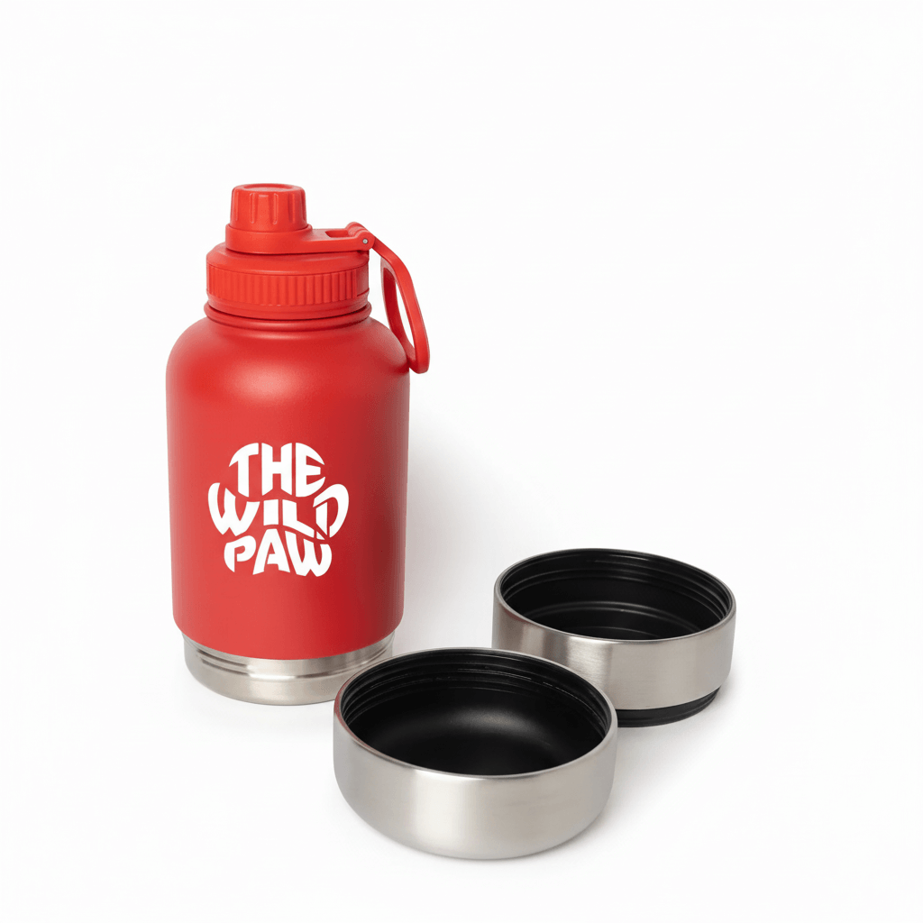 Red WildSip 3-in-1 dog water bottle by The Wild Paw with attached bowls and TWP logo for outdoor pet hydration.