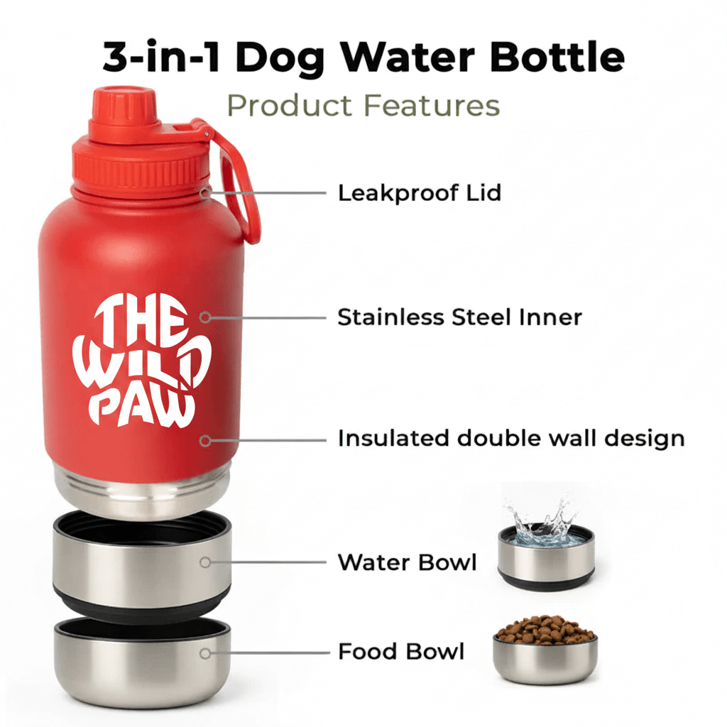 Red WildSip 3-in-1 dog water bottle with The Wild Paw logo, featuring a built-in bowl and leak-proof design for outdoor use.