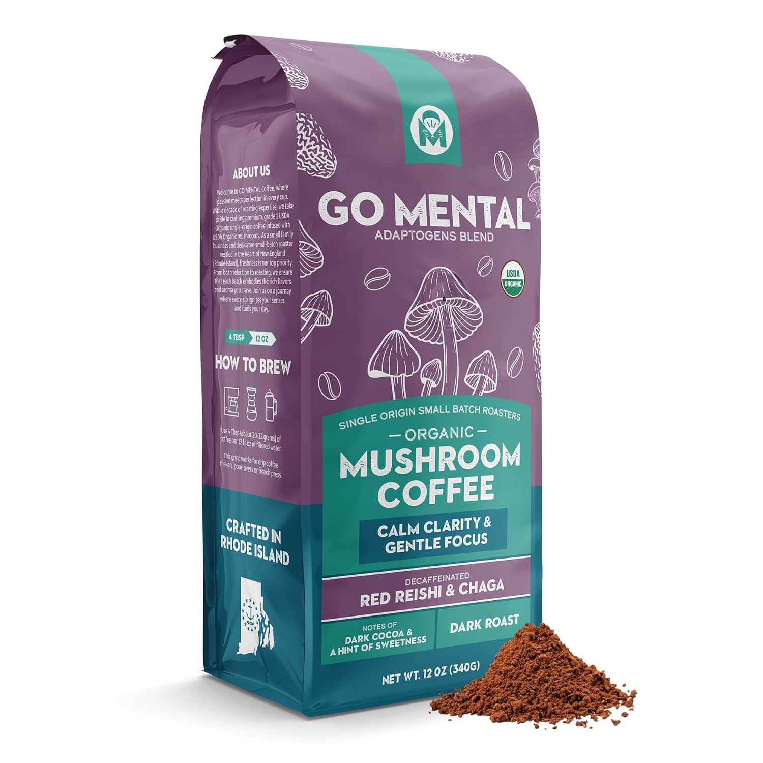 Decaffeinated Red Reishi and Chaga mushroom coffee blend by GO MENTAL MUSHROOM COFFEE, featuring a rich, earthy brewed coffee with mushrooms.
