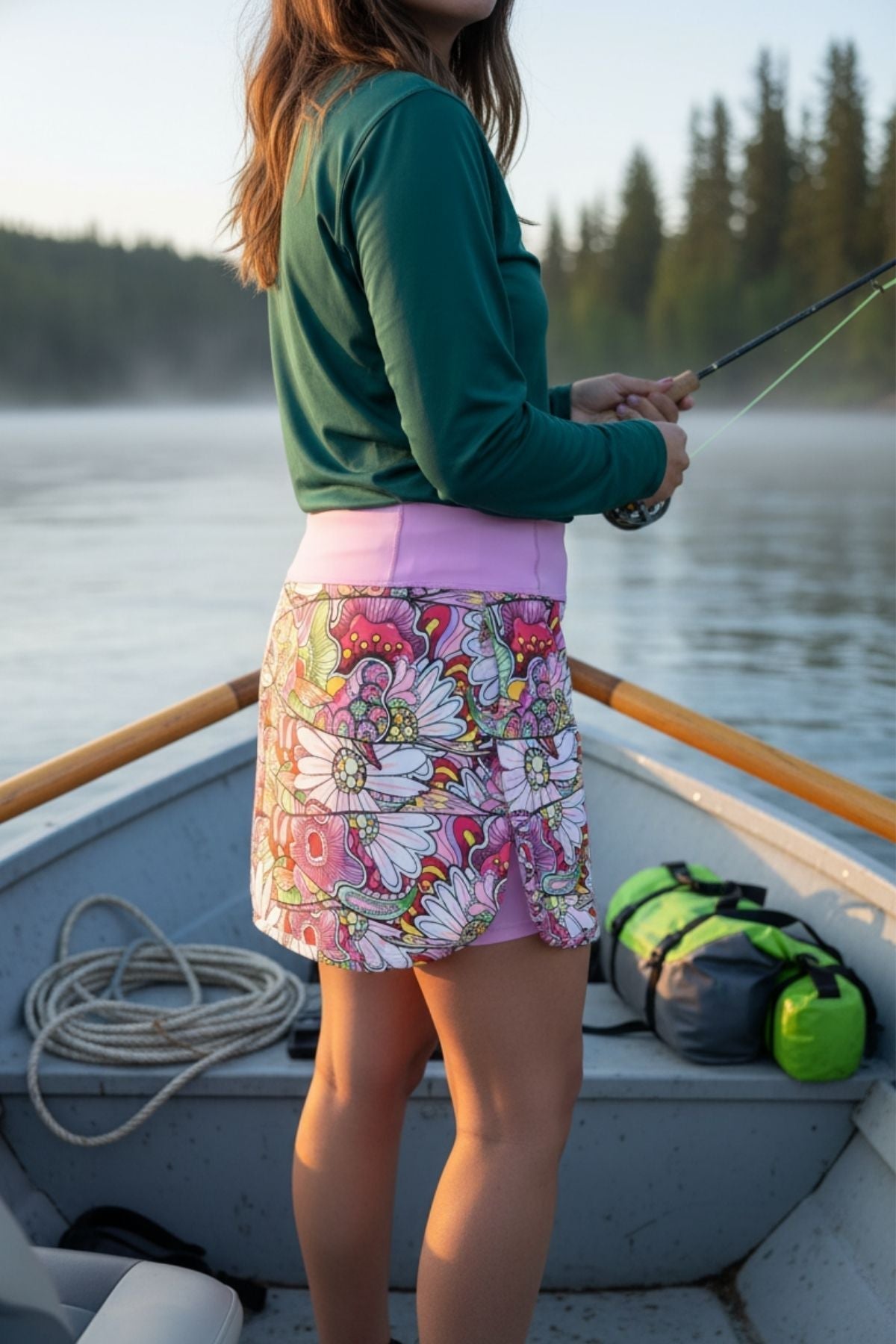 Red FisheWear REDtro Salmon Skort featuring a stylish design, lightweight fabric, and adjustable waist for casual outdoor wear.