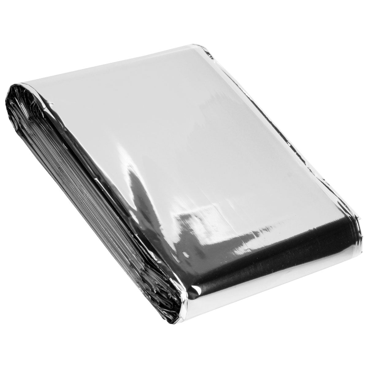 Reflective emergency Mylar space blanket for thermal survival and shelter, lightweight and compact for disaster preparedness.
