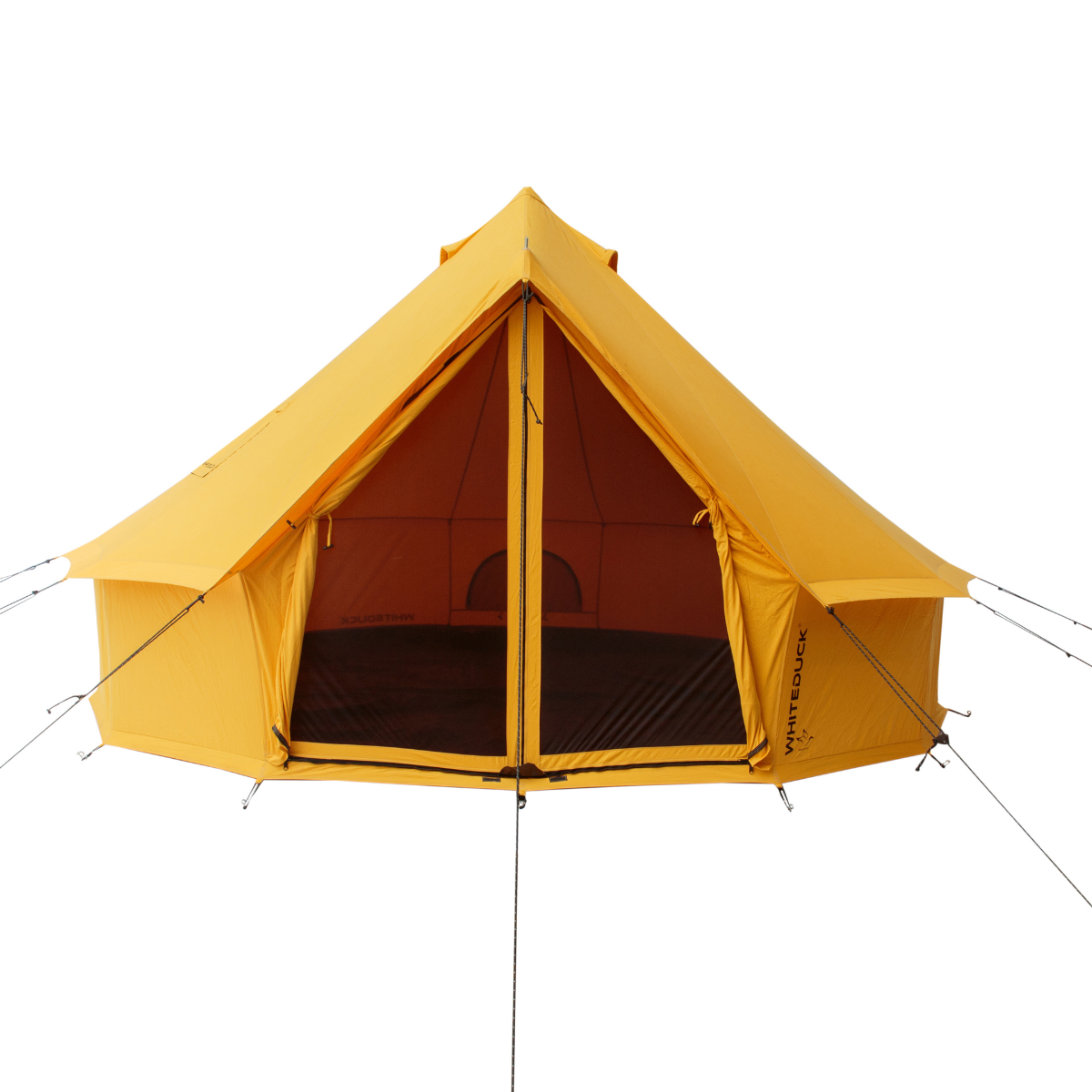 White Duck Outdoors 16-foot Regatta Bell Tent in Tuscan Sun with open flaps and spacious interior, ideal for outdoor camping.