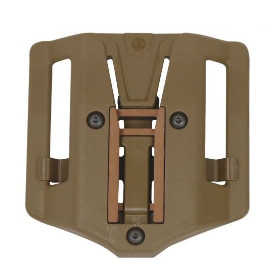 HCC Tactical holster extender with reinforced GRT belt adapter in tan, showcasing durable design for tactical gear use.