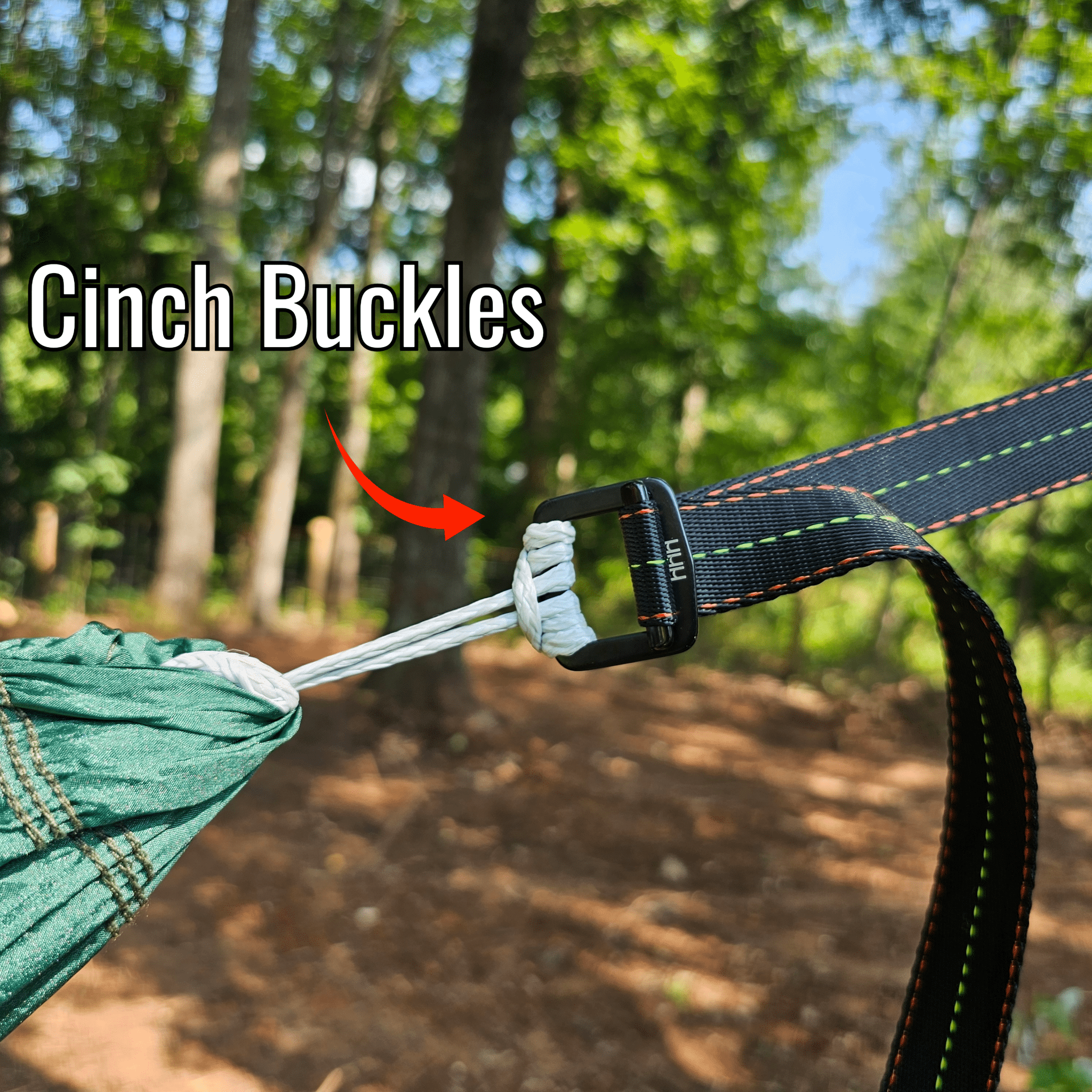 Hanging High Hammocks REM Hammock with bug net, cinch buckles, ridgeline organizer, underquilt clips, and hanging straps.