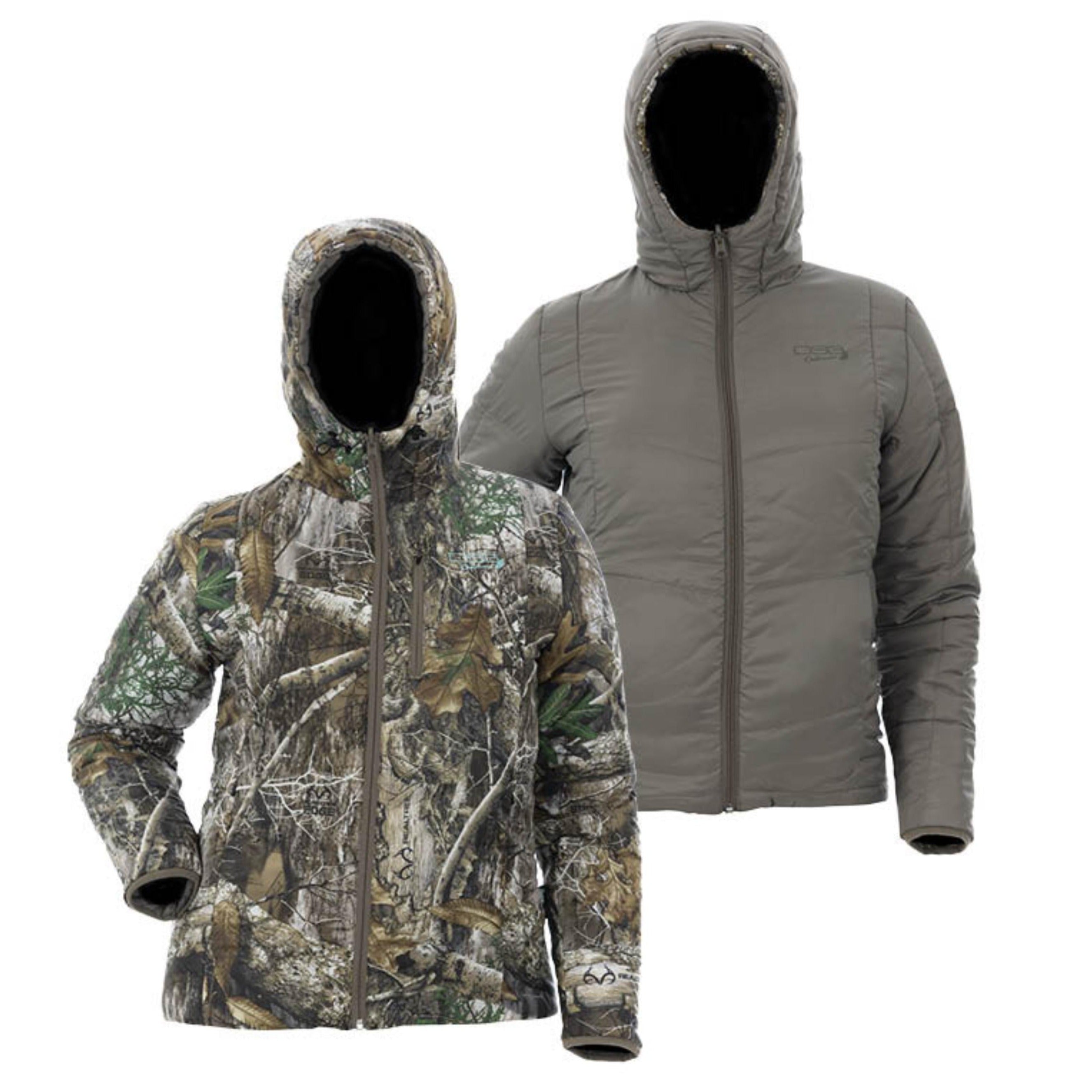 Reversible DSG OUTERWEAR puffer jacket with quilted and smooth fabric sides, shown in a versatile style for cold weather.