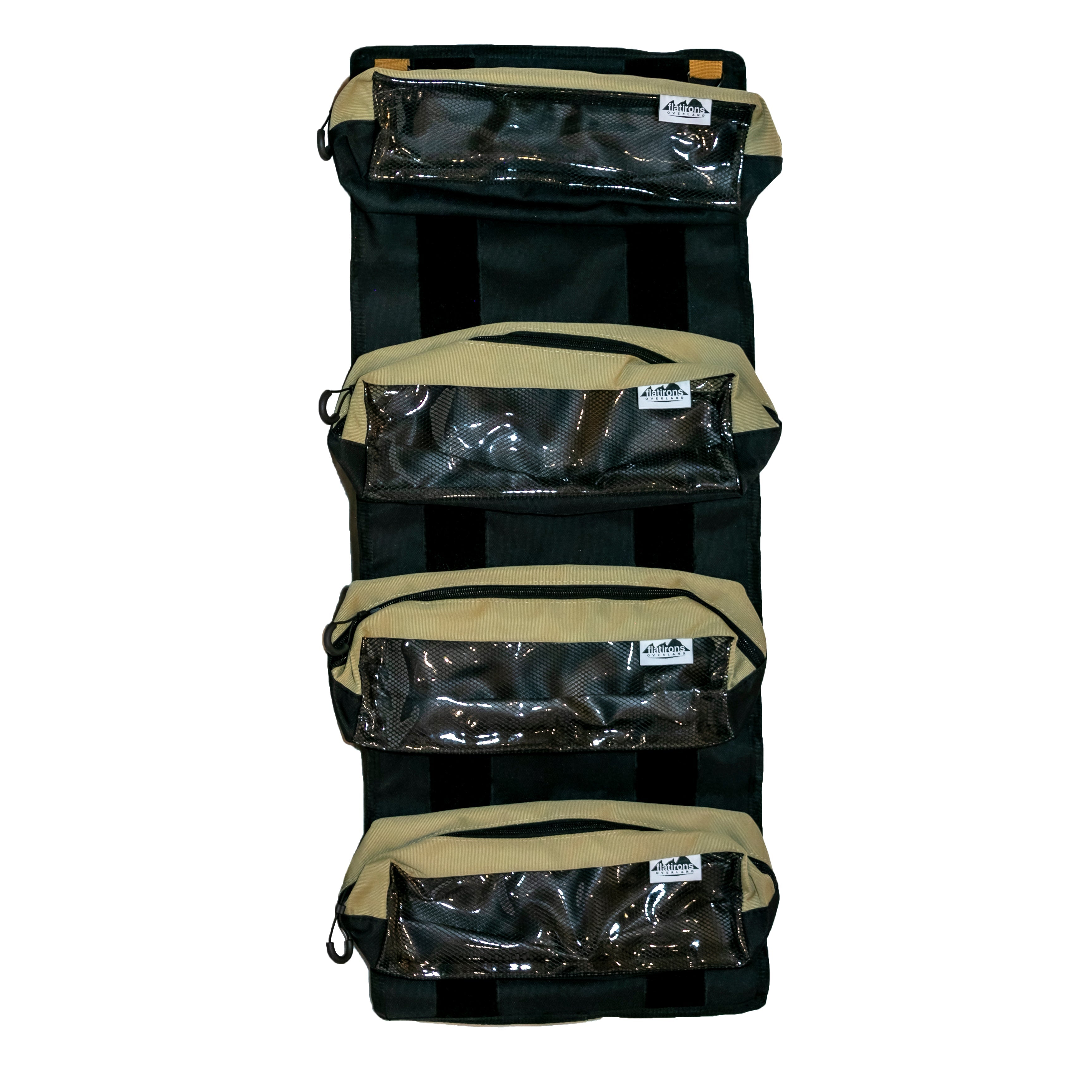 Flatirons Overland RiPouch™ Gear Roll with multiple compartments and adjustable straps, shown rolled up with gear inside.