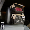 Flatirons Overland RiPouch™ headrest organizer with multiple storage pockets attached to vehicle headrest.