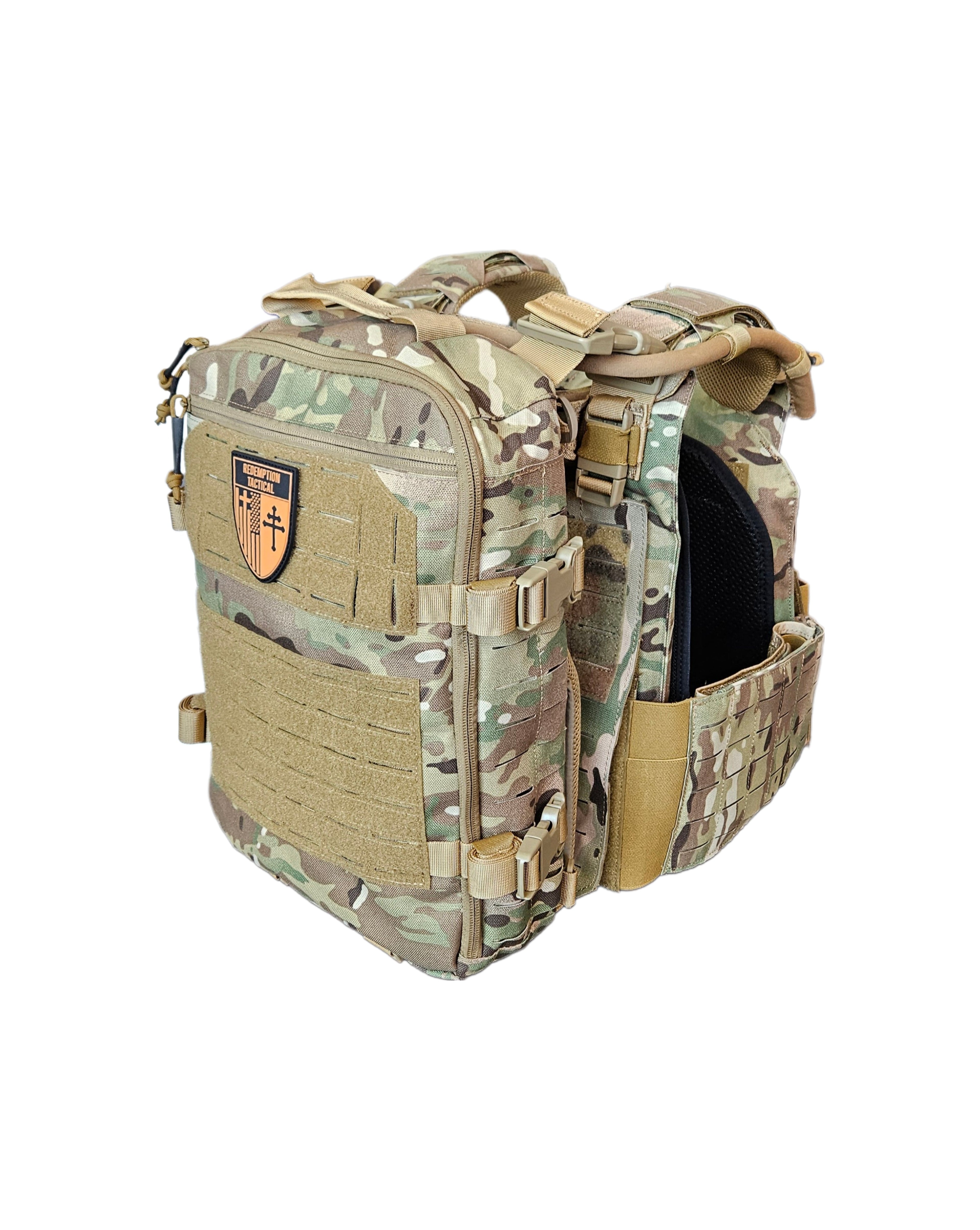 Redemption Tactical Crusader Flatpack Plate Carrier Bag in tactical black with adjustable straps and multiple compartments.